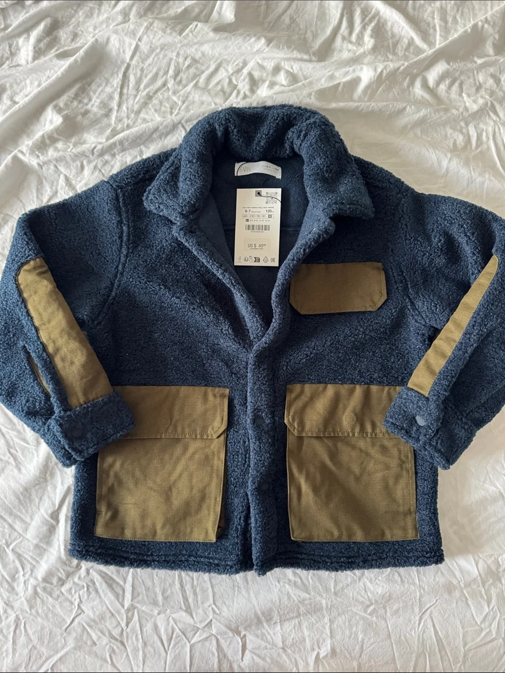 ZARA Kids Navy Sherpa Jacket with Contrast Tan Pockets NWT size 6-7